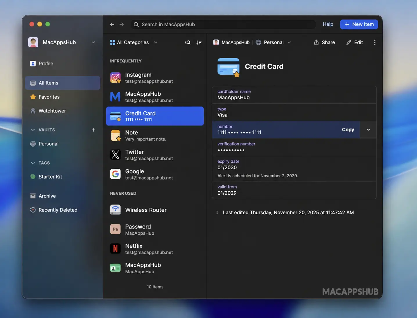 1Password for Mac shows a saved Credit Card item.