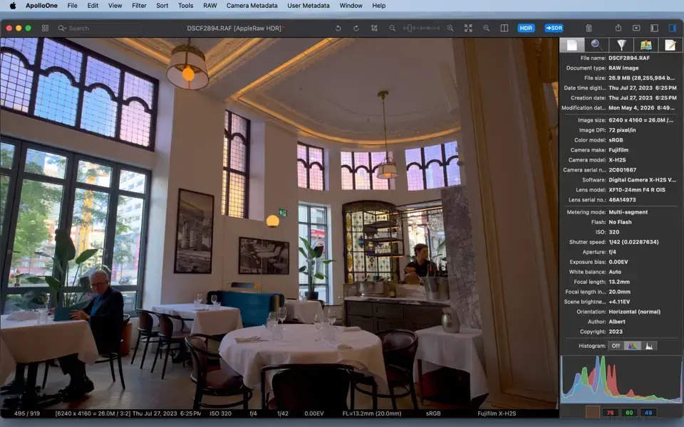 ApolloOne Mac RAW file with EXIF inspector open.