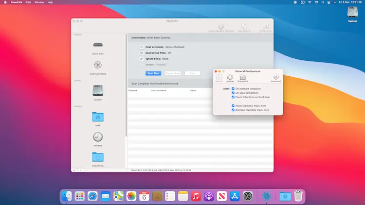 ClamXAV Mac scanner, Preferences panel open.