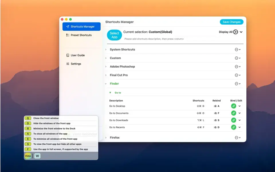 Vimo Rebinder for Mac Shortcuts Manager, Finder.