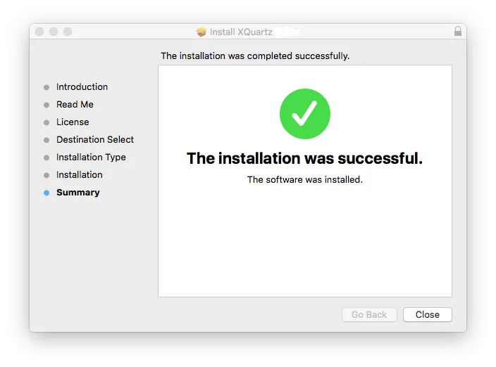 XQuartz for macOS installation successful