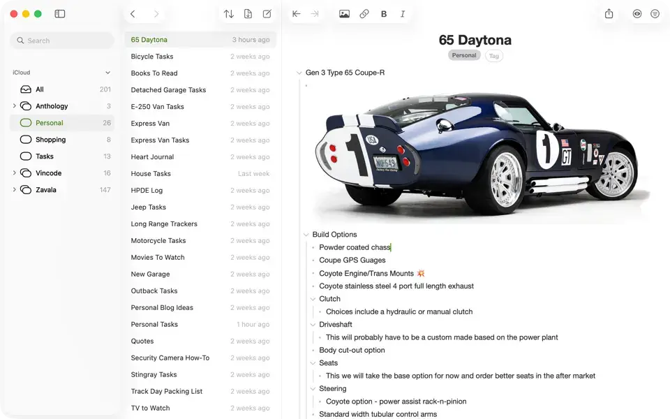 Zavala for Mac outline editor with iCloud tags.
